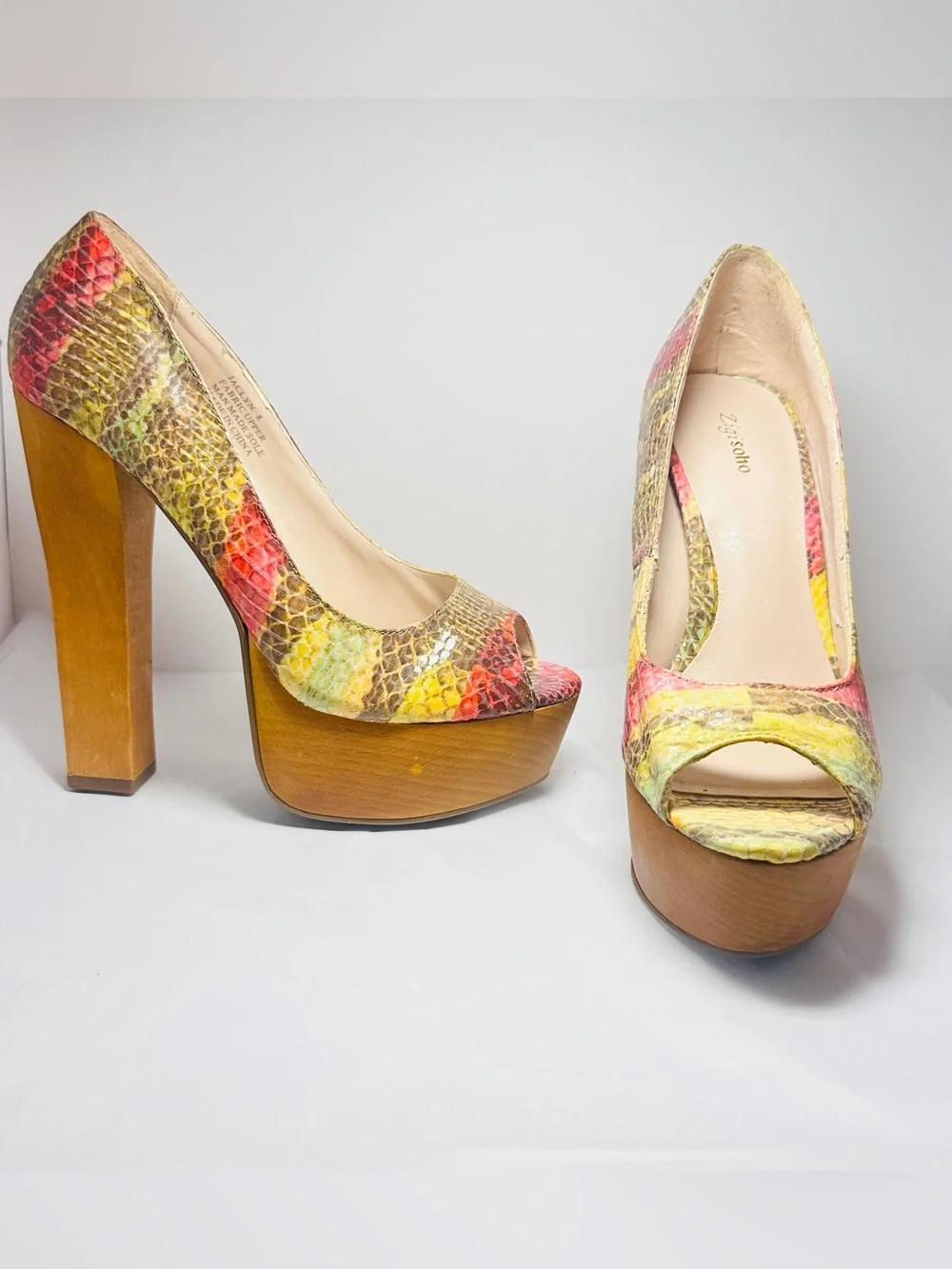 Zigi Soho Yellow Pink Multicolor Snakeskin Peep-Toe Platform Heels
